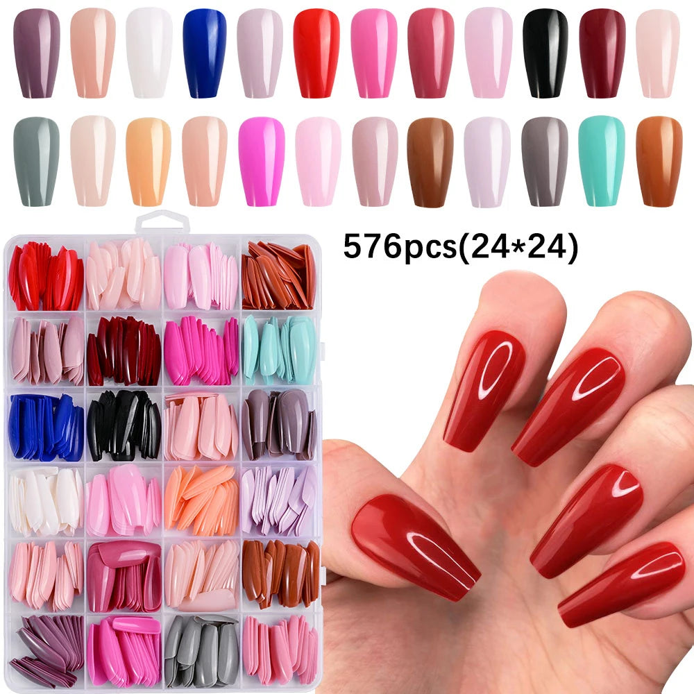 576pcs Colorful Glossy Long Coffin Press On Nails 24 Solid Colors Acrylic Extension Nail Tips Full Cover Artificial Fake Nails 2