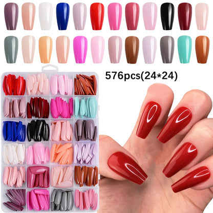 576pcs Colorful Glossy Long Coffin Press On Nails 24 Solid Colors Acrylic Extension Nail Tips Full Cover Artificial Fake Nails 2