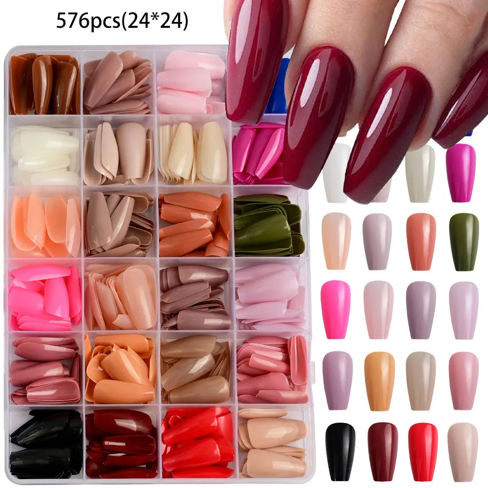 576pcs Colorful Glossy Long Coffin Press On Nails 24 Solid Colors Acrylic Extension Nail Tips Full Cover Artificial Fake Nails 2