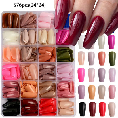 576pcs Colorful Glossy Long Coffin Press On Nails 24 Solid Colors Acrylic Extension Nail Tips Full Cover Artificial Fake Nails 2