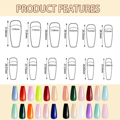 576pcs Colorful Glossy Long Coffin Press On Nails 24 Solid Colors Acrylic Extension Nail Tips Full Cover Artificial Fake Nails 2