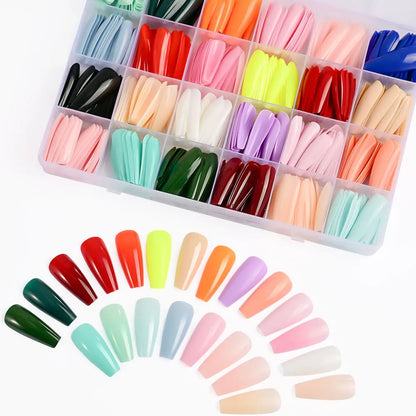 576pcs Colorful Glossy Long Coffin Press On Nails 24 Solid Colors Acrylic Extension Nail Tips Full Cover Artificial Fake Nails 2