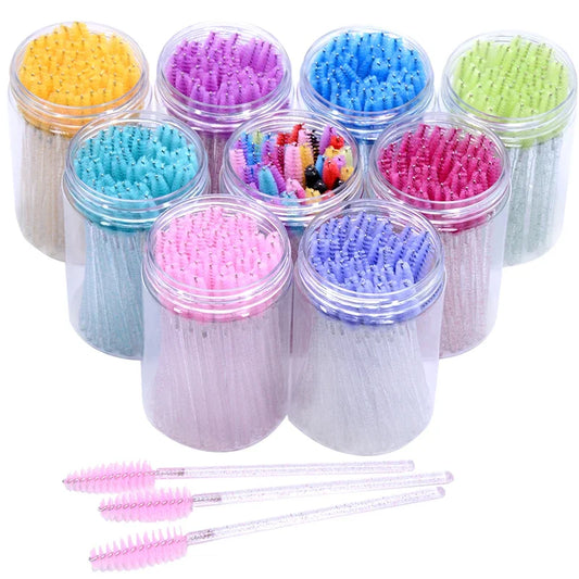 Wholesale 50Pcs/Bottle Disposable Eyelash Extension Mascara Wand Glitter Micro Lash Brushes Spoolie WithContainer Case Wholesale