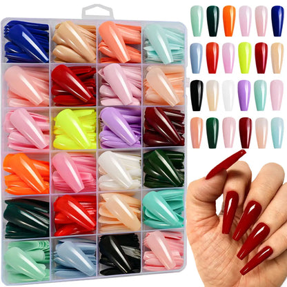 576pcs Colorful Glossy Long Coffin Press On Nails 24 Solid Colors Acrylic Extension Nail Tips Full Cover Artificial Fake Nails 2