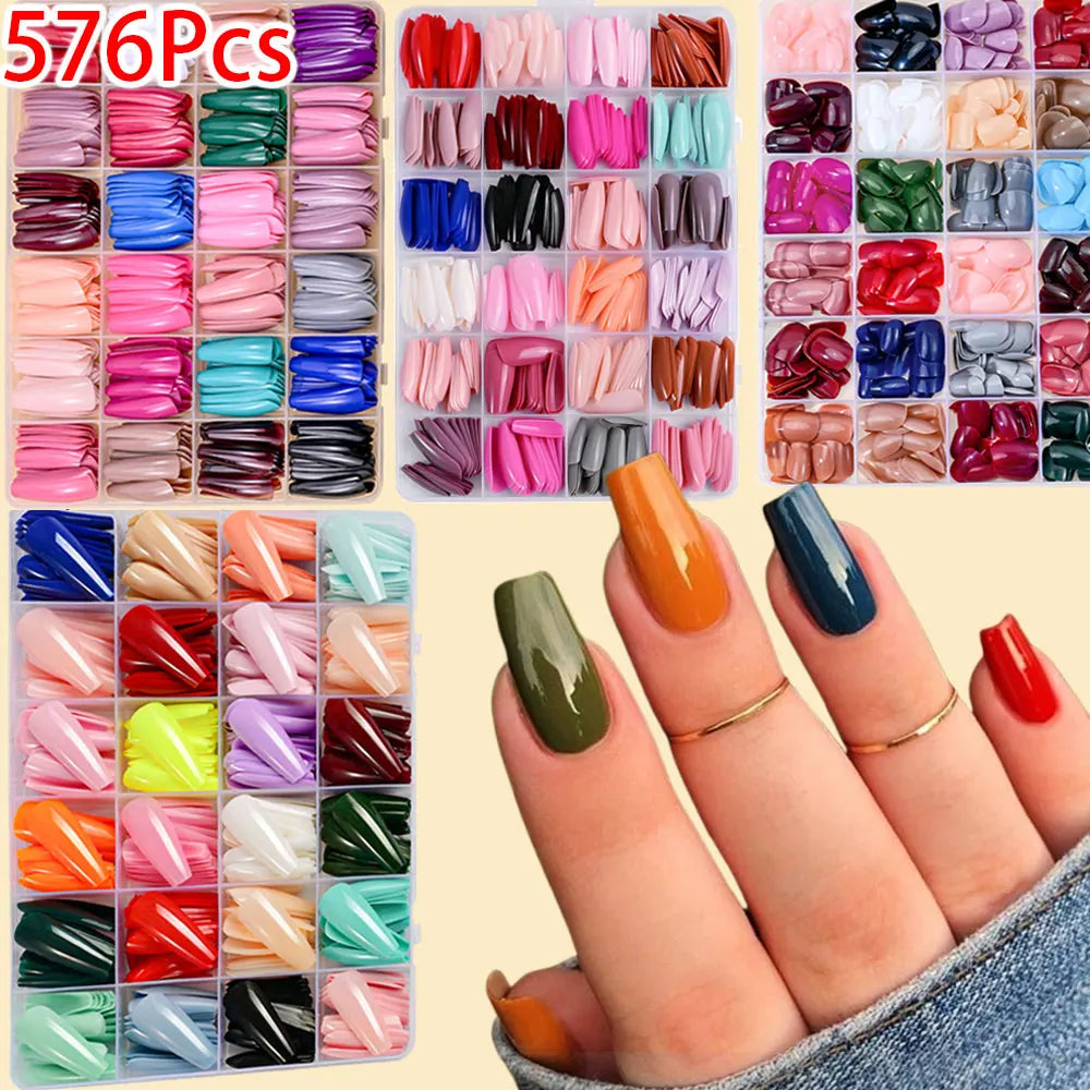 576pcs Colorful Glossy Long Coffin Press On Nails 24 Solid Colors Acrylic Extension Nail Tips Full Cover Artificial Fake Nails 2