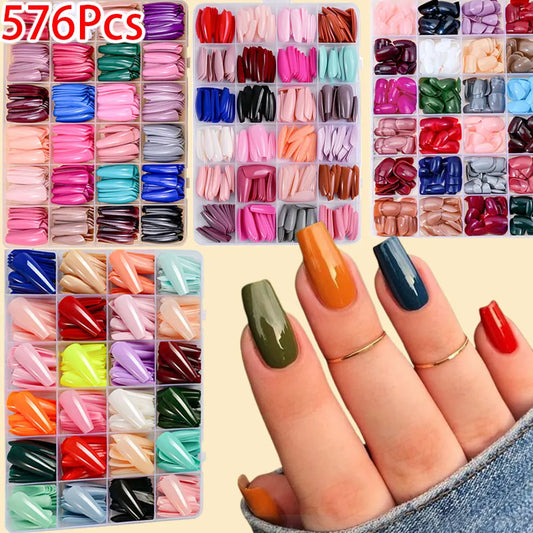 576pcs Colorful Glossy Long Coffin Press On Nails 24 Solid Colors Acrylic Extension Nail Tips Full Cover Artificial Fake Nails 2