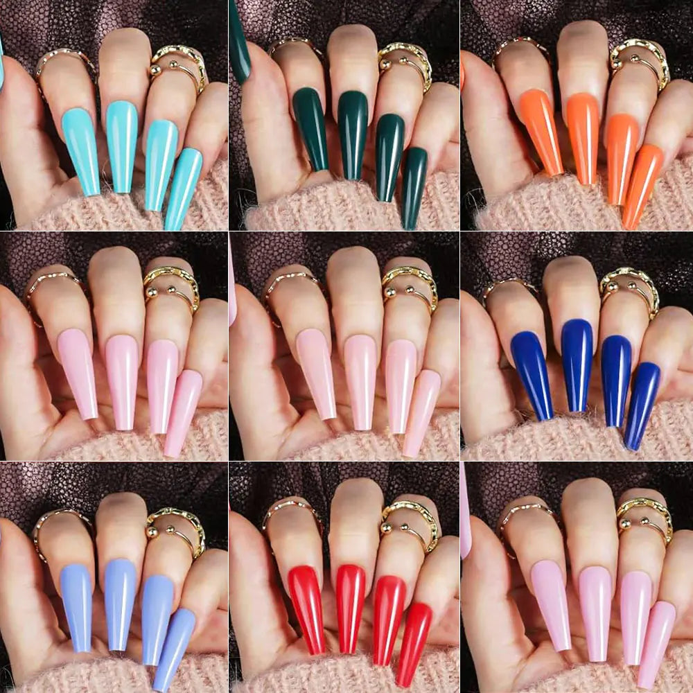 576pcs Colorful Glossy Long Coffin Press On Nails 24 Solid Colors Acrylic Extension Nail Tips Full Cover Artificial Fake Nails 2