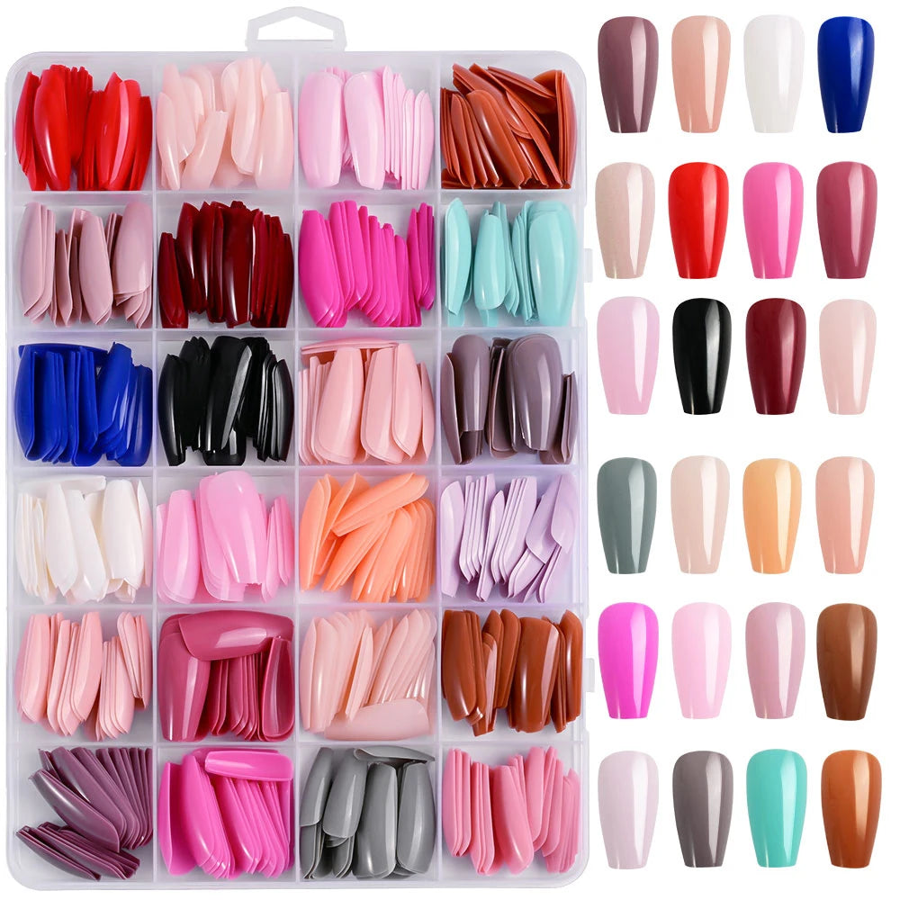 576pcs Colorful Glossy Long Coffin Press On Nails 24 Solid Colors Acrylic Extension Nail Tips Full Cover Artificial Fake Nails 2