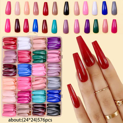 576pcs Colorful Glossy Long Coffin Press On Nails 24 Solid Colors Acrylic Extension Nail Tips Full Cover Artificial Fake Nails 2