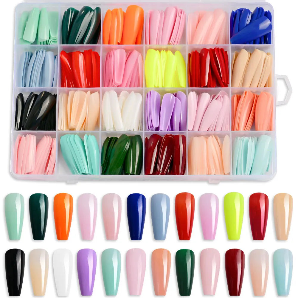 576pcs Colorful Glossy Long Coffin Press On Nails 24 Solid Colors Acrylic Extension Nail Tips Full Cover Artificial Fake Nails 2