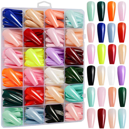 576pcs Colorful Glossy Long Coffin Press On Nails 24 Solid Colors Acrylic Extension Nail Tips Full Cover Artificial Fake Nails 2